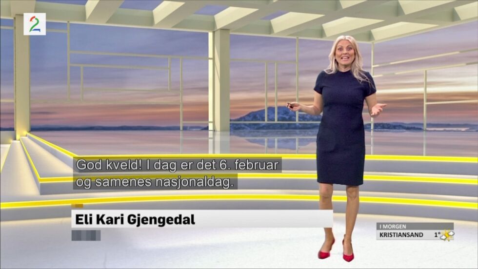 Værdame Eli Kari Gjengedal la frem et forslag om å lese opp værmeldinga på samisk på samefolkets dag. TV2 svarte: kjør på! – Moro, men vanskelig, er Gjengedals konklusjon dagen derpå. Hun er veldig glad for at hun fikk lov til å hylle samene på denne måten.
 Foto: Sjermdump, TV2