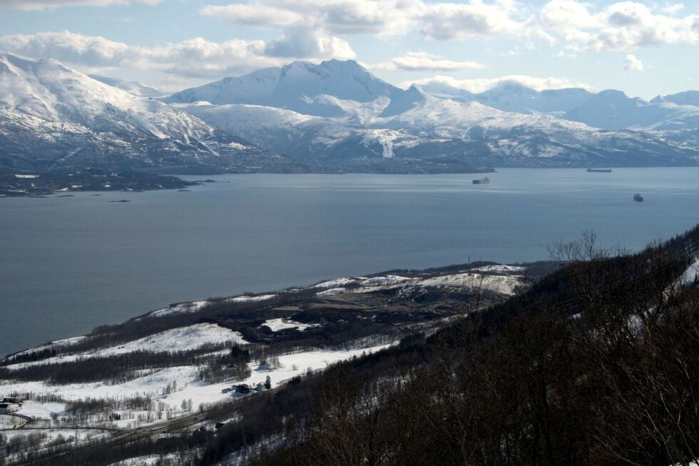Herjangshøyda i Nar­vik. På det lyse fel­tet til høy­re i bil­det, til høy­re for masta, lig­ger hel­le­rist­nings­fel­tet. Foto: OBL