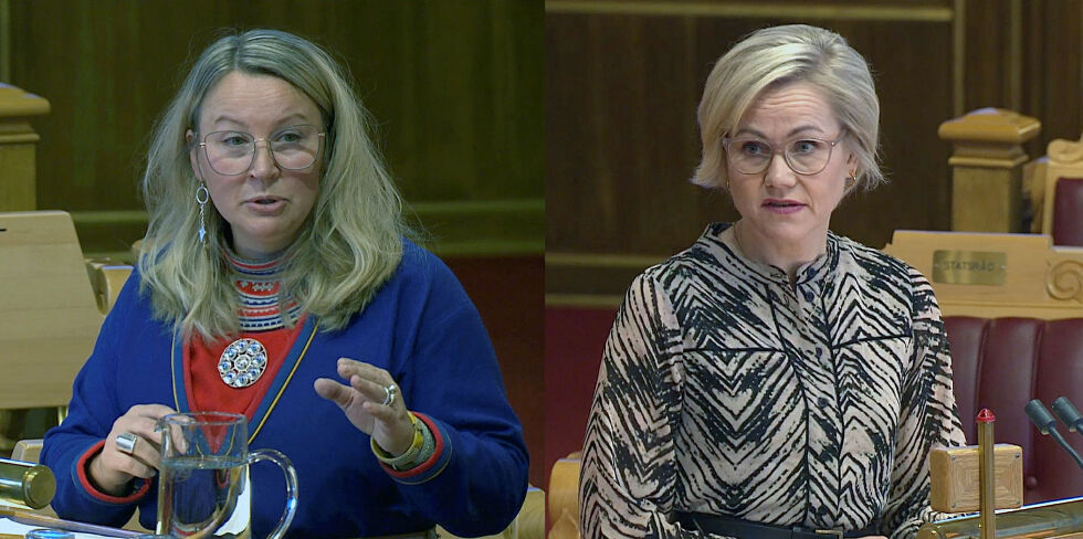 Hilde Marie Gaebpie Danielsen (SV) spurte helse- og omsorgsminister Ingvild Kjerkol (Ap) ut om likeverdige helsetjenester til den samiske befolkninga.
 Foto: Skjermbilde fra stortinget.no