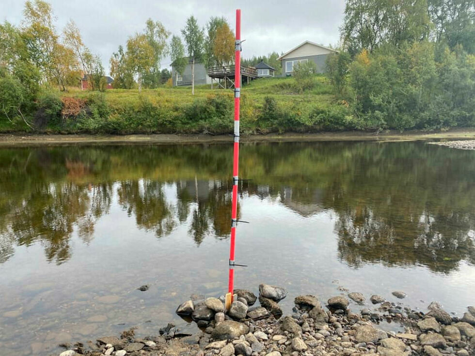 Piera satte en rød veistikke på vannkanten på «øya», som nå er halvøy.
 Foto: Piera Mosebakken
