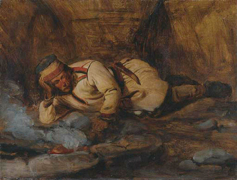 Den franske kunstneren François Auguste Biard malte dette bildet av den hvilende samen etter å ha deltatt på den fransk-finansierte vitenskapelige Recherche-ekspedisjonen i årene 1838–1840.
 Foto: François Auguste Biard