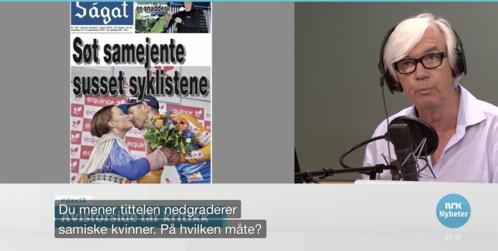 «Søt samejente susser syklistene» ble onsdag sak hos Ole Torp i NRK Dagsnytt 18, med full debatt om søt samejente og påstand om urfolk-  og kvinnediskriminerende redaksjon, mellom saker som KrFs homo-debatt og amerikansk president Donald Trump-prat.
 Foto: Skjermdump/NRK