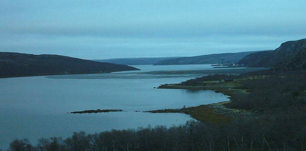 Innløpet til Langfjorden og Slambanken som stenger fjorden. Før utslippene en åpen fjord, 20 km lang fra Kirkenes til Langvasseid.
 Foto: Privat