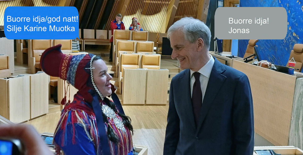 Sametingspresident Silje Karine Muotka (NSR) var både formell og uformell i sin avslutning av sms-utvekslingen rett før leggetid. Statsminister Jonas Gahr Støre (Ap), som den garvede diplomaten han er, fattet straks tegninga, og kvitterte enda mer uformelt. Foto og montasje: Steinar Solaas
 Foto: Steinar Solaas
