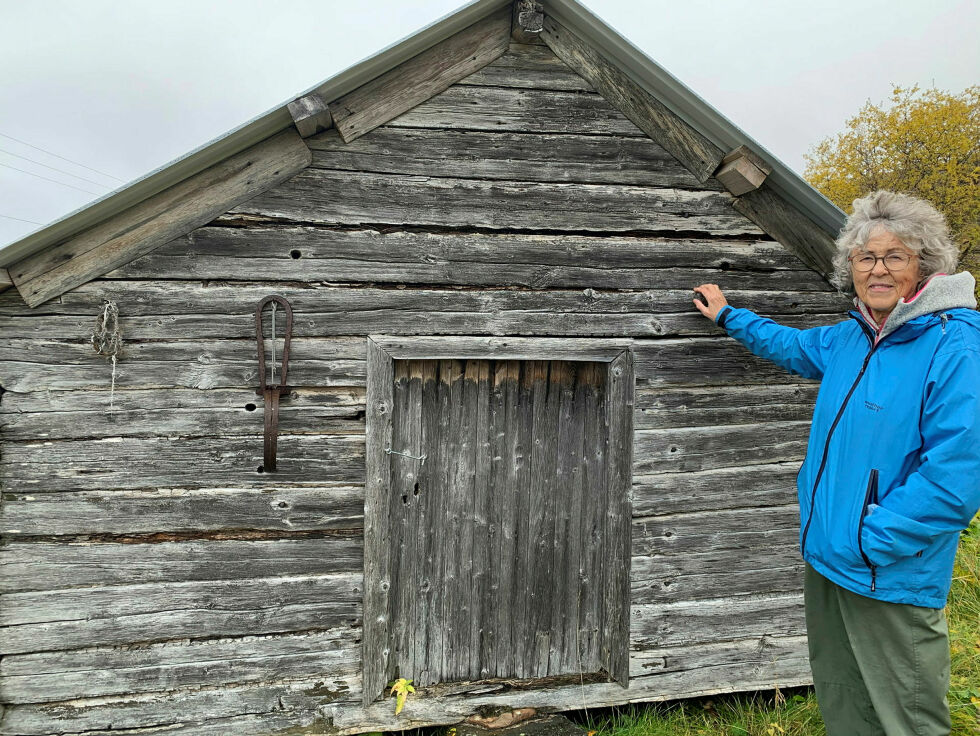 Randi Berit Sjølie er tømrer og arkitekt. Hun har jobbet med å registrere samiske bygninger siden 1991. Her står hun utenfor en lagerbygning på Stallgården.
 Foto: Jorunn Eikjok