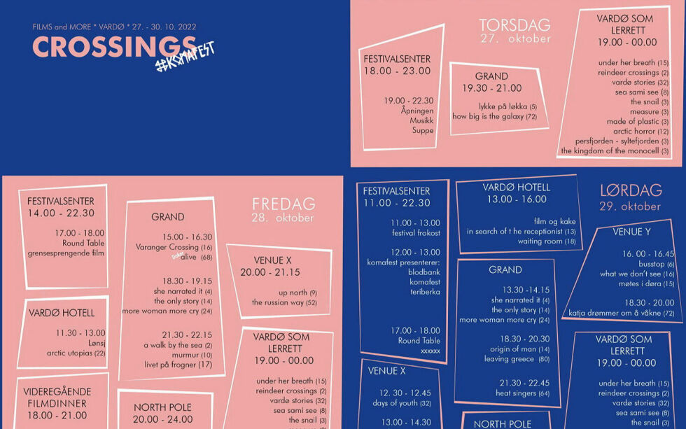 Det blir ulike arran­ge­men­ter, som kino-middag, uten­dørs­vis­nin­ger, panel­sam­ta­ler og film­vis­nin­ger for skoler og eld­re­hjem under festivalen i Vardø.