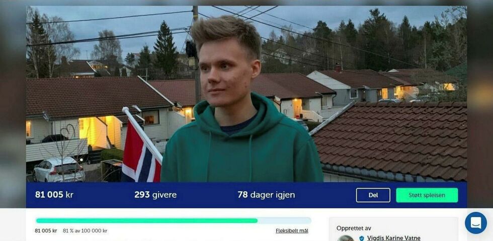 Over hel­ga har inn­sam­lings­ak­sjo­nen til støtte for Arnar Vuo­lab Jør­gen­sen tatt helt av. Tirs­dag etter­mid­dag lå det inn­sam­lede be­løp­et på totalt 81.005 kroner for­delt på 293 givere. 
– Respon­sen på splei­sen viser at mange mener at dommen som Arnar fikk i lag­manns­rett­en er urett­fer­dig, fast­slår kro­ne­rul­lin­gens ini­tia­tiv­ta­ker Vigdis Karine Vatne.
Skjerm­dump: Spleis.no