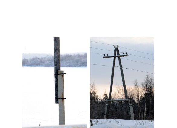 Gamle stolper blir kappa noen meter over bakken og spleisa sammen med nye i Russland. Resultatet av spleisinga ser ut til å bli meget solid og dermed holde stolpene opp i allsalgs vær
 Foto: Hallgeir Henriksen