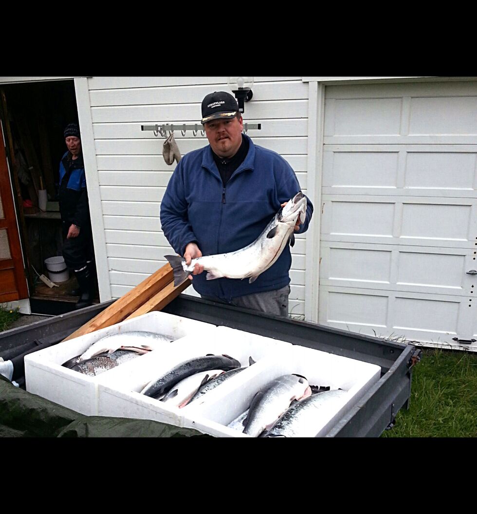 Sjølaksefikser Frank Emil Trasti i Jarfjord er godt fornøyd med sin første fiskeuke med not. Her med siste sjøværets fangst.
 Foto: Privat