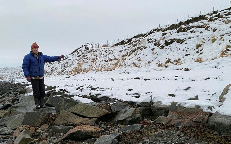Oleif Iversen viser her hvor de store steinblokkene har rast ut i fjæra og sjøen spiser seg innover land. Foto: Privat