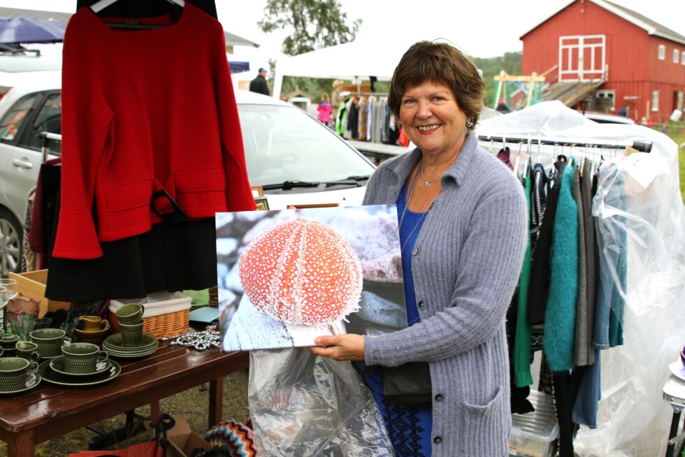 Mari-Ann Nilssen fra Varangerbotn hadde med litt av hvert til bruktmarkedet. Blant kopper og fat, klær og bøker, hadde hun også egne naturbilder til salgs. Denne damen er også opptatt av gjenbruk.
 Foto: Silje L. Kvammen