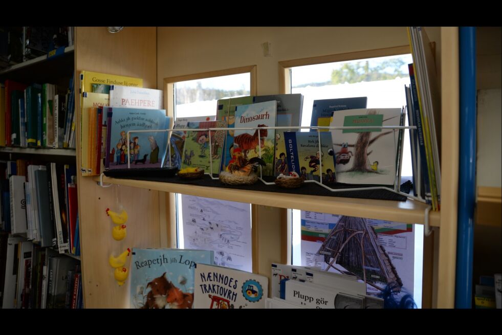 Barnebøker i den sørsamiske bokbussen Gærjah.
 Foto: Steinar Solaas