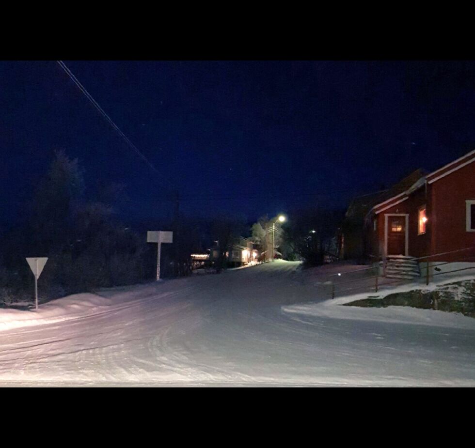 Beboer i Nyborg, Mona Lill Roska, har sendt et brev til kommunen der hun ber om sikrere skolevei, blant annet bedre belysning for de som ferdes fra E75 opp mot Nyborgmoen.
 Foto: Torbjørn Ittelin
