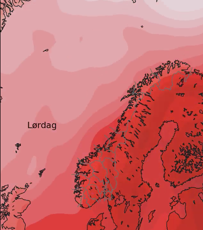 Det røde feltet som ligger over Norge indikerer at vi får varmluft og at sommeren endelig kommer til Finnmark.
 Foto: Meteorologisk institutt @meteorologene på Twitter