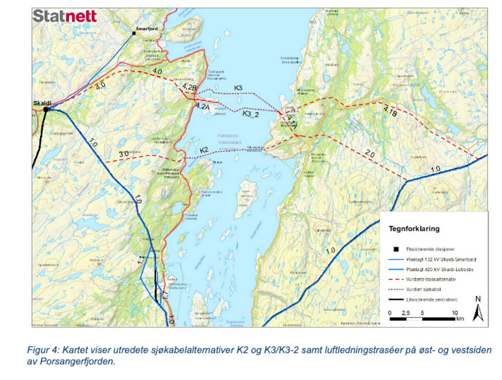 Kartet viser alternative sjøkabeltraseer som er med i tilleggsutredningen.
 Foto: Kilde: Statnett- tilleggsutred