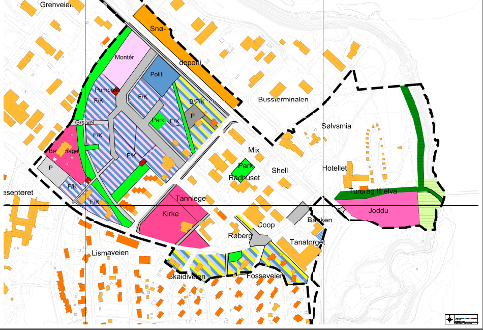 Dette er den foreløpige planskissen over fremtidig arealbruk i sentrumsområdet i Tana.
 Foto: Planskisse