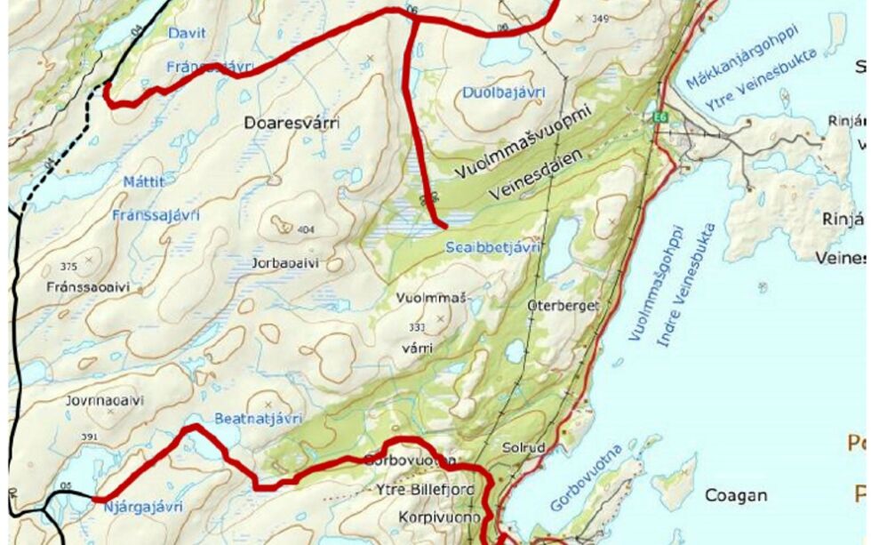 Kartet viser de stengte løypene, nummer 5 og 6, i Porsanger kommune. Skjermbilde fra kommunen.