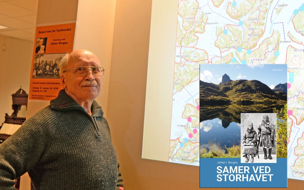 Johan Borgos har skrevet om samisk bosetting på Hinnøya og Vesterålen. De rosa og blå prikkene på kartet illustrerer utbredelsen.
 Foto: Steinar Solaas