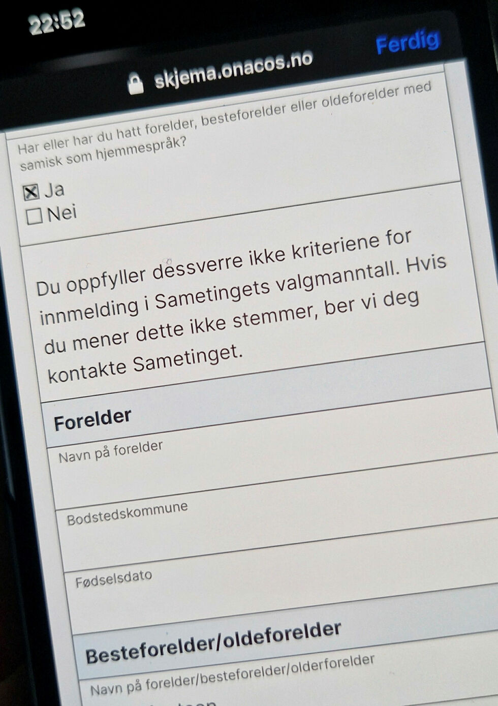 «Du fyller dessverre ikke kriteriene for innmelding i Sametingets valgmanntall...», var beskjeden en person fikk, på Sametingets nettside, før det var trykt på send-knappen.
 Foto: Skjermdump
