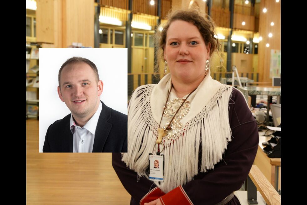 Sametingsråd Silje Karine Muotka (NSR) sliter med den nye landbruks- og matministeren Jon Georg Dale (innfelt) (Frp).
 Foto: Steinar Solaas/Torbjørn Tandberg