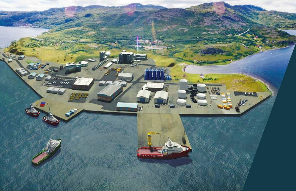Slik vil industriområdet på Markoppneset bli, ifølge en brosjyre om prosjektet fra daværende Kvalsund kommune. Nussirs anlegg er planlagt til venstre. (Prosjektskisse)