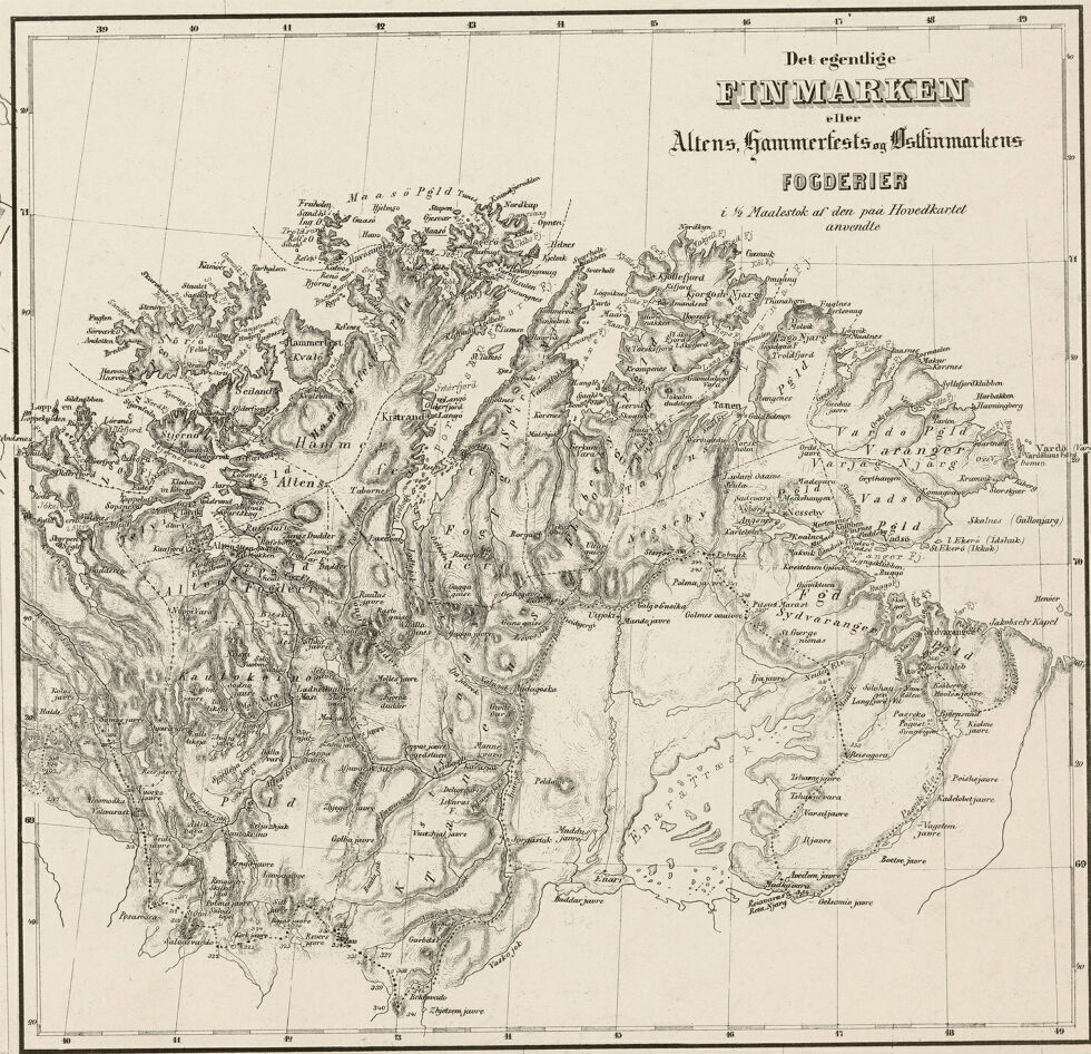 100 år etter at Karasjok forlot Sverige og ble innlemmet i Norge startet rasismen mot samene i Finnmark og landet forøvrig. Det største landrov i norsk historie var i gang. Dette kartet er fra 1852 da opprøret i Kautokeino fant sted.
 Foto: Kartverket