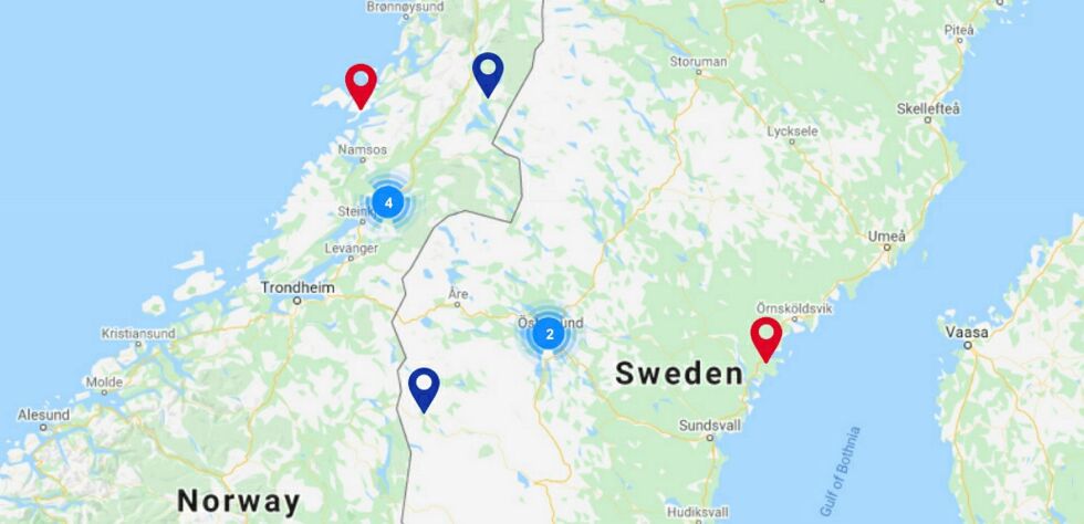 De blå markeringene viser steder i sørlige Saepmie som du kan besøke for å lære deg mer om samisk kultur og næringer. De to røde markeringene er Namdalskysten og Höga kusten hvor det gikk vinterflyttinger. Kart: baalka.no, modifisert av Steinar Solaas
 Foto: baalka.no