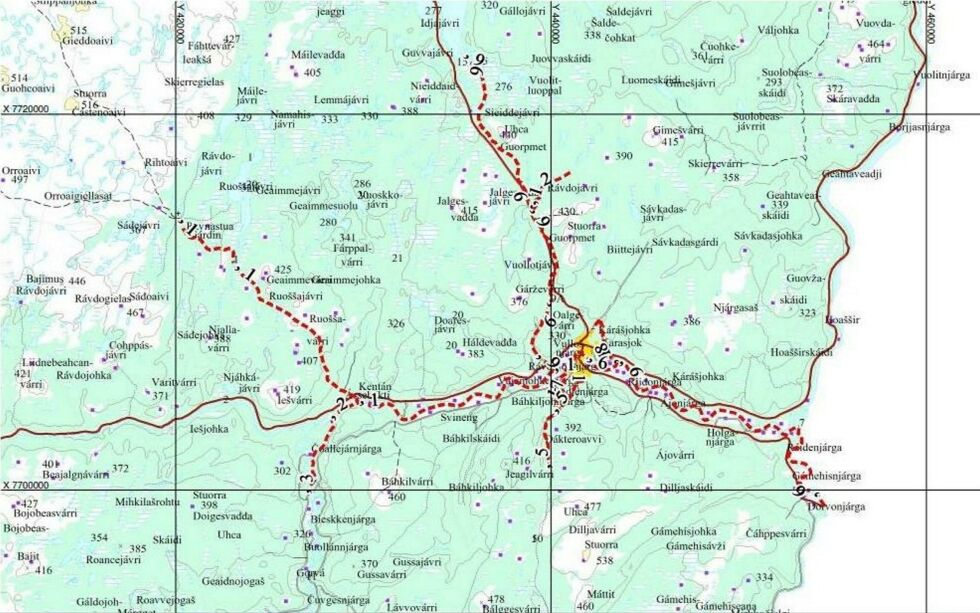 Kar­as­jok kom­mu­ne har pub­li­sert et kart over sne­sku­ter­løy­pe­ne som nå er merket og åp­net. Løy­pe­ne er mar­kert med rød, stip­let strek.
 Foto: Karasjok kommune