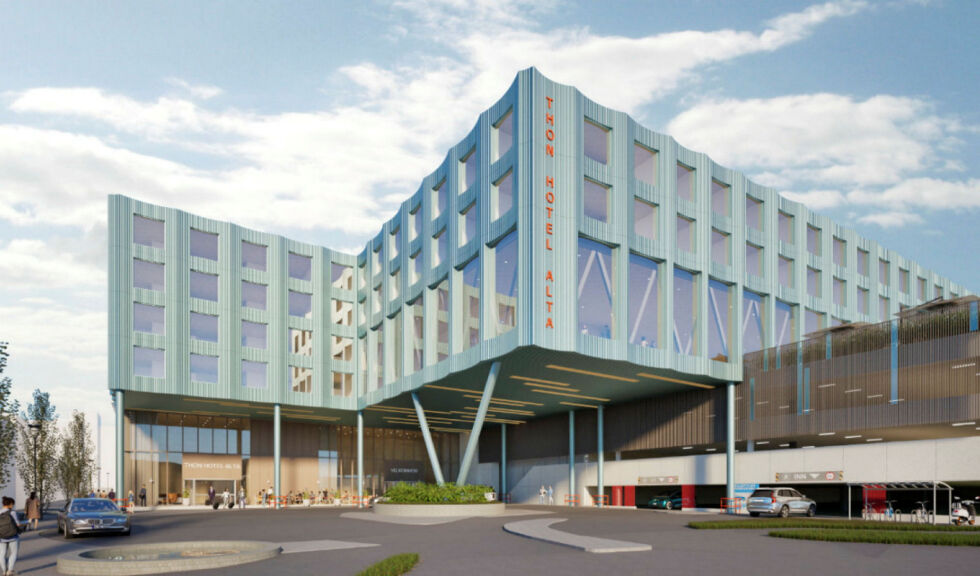 Henning Larsen Arkitekter AS har på vegne av Olav Thon Gruppen fremmet planinitiativ for ønsket oppstart av ny detaljregulering for Thon hotel/Amfi Alta i Alta sentrum. illustrasjonen viser hvordan det nye utvidede hotellet kan bli seende ut.
 Foto: Krook & Tjäder