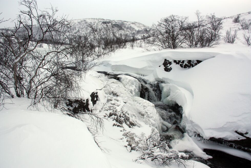 Ved fossen i utløpet av Trekantvannet hadde det dannet seg en isdemning som brast og skapte «vårflom» i 29 kalde grader nede på Gjøkenes nede ved Lakselva.
 Foto: Anders Bjordal