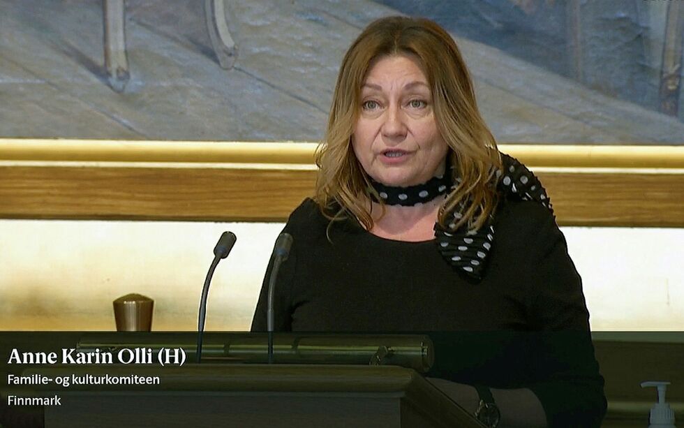 Anne Karin Olli brukte sitt innlegg til å ta opp voldssituasjonen i samiske samfunn. Foto: skjermdump fra Stortingets stream