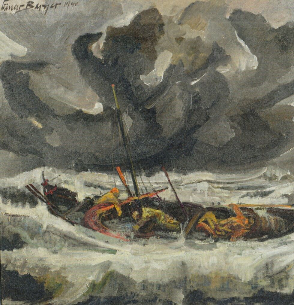 Maleriet «Kamp for livet» fra 1940 er et av flere bilder som skildrer nordnorske fiskeres harde kår i kamp mot naturkreftene.
 Foto: Geir Johansen