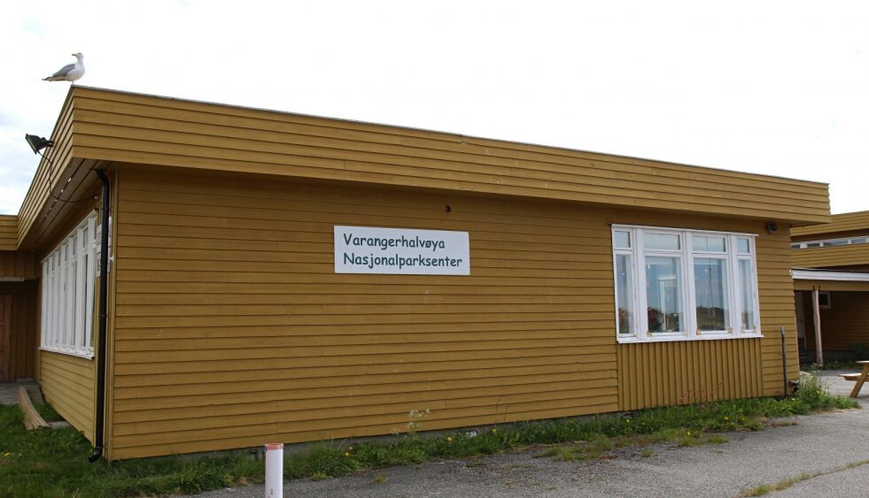 Det er stille i lokalene til Varangerhalvøya nasjonalparksenter i Kiberg. Den eneste som skapte liv og røre var ei måse (på taket) som tydeligvis hadde noe å forsvare i nærheten.
 Foto: Torbjørn Ittelin