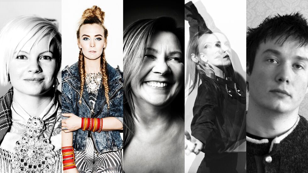 Marét Anne Sara, Sofia Jannok, Mari Boine, Elle Márja Eira kunstnerne Anders Sunna er klar for felles opptreden i Harstad kulturhus.
 Foto: Frank Lande/ Tine Poppe/Knut Åserud