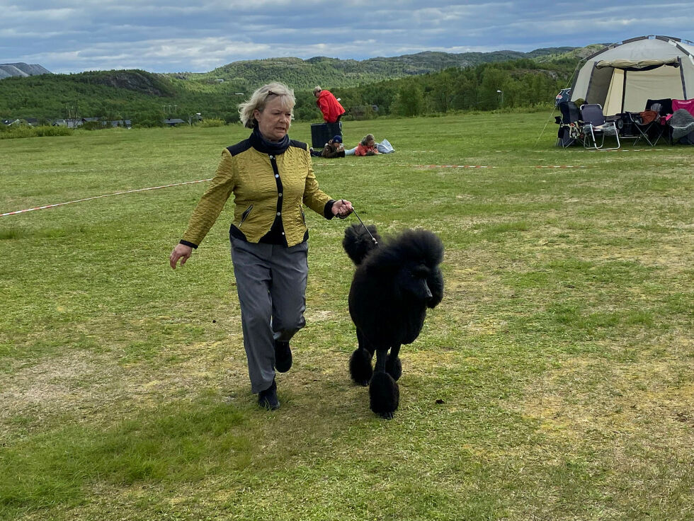 Hilde Rønning fra Lakselv sammen med kongepuddelen PT.
 Foto: Emil Olai Danielsen