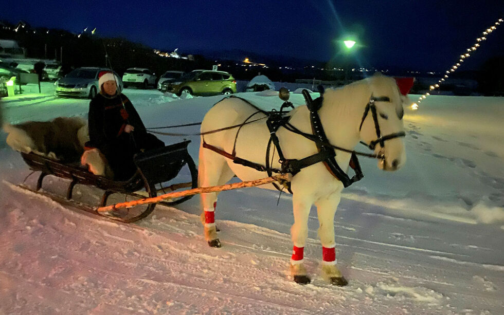 Mette Lillebostad sammen med julepyntede «Vestglimt» kjørte kanefart når nissetoget startet fra museet.
 Foto: Thor Thrane