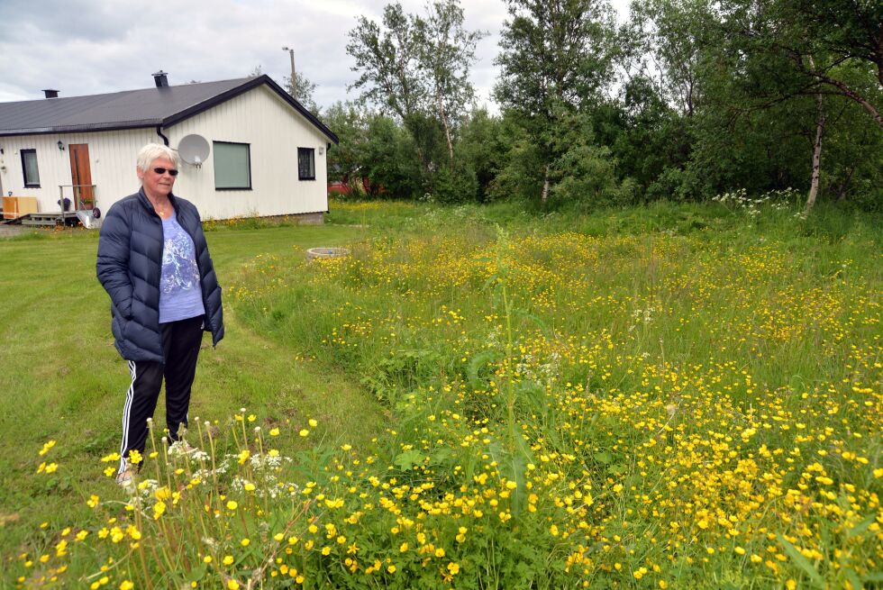 Hele området med gule blomster på bildet var plen inntil kommunen gravde på tomta i 2015. Arbeidet skulle sluttføres i fjor, men Grethe Sundby venter fortsatt på å få plenen tilbake.
 Foto: Sonja E. Andersen