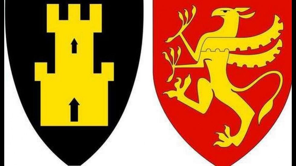 Finnmark fylke sitt fylkesvåpen til venstre og Troms fylke sitt, skal brukes side om side for det nye Troms og Finnmark fylke.
 Foto: Finnmark fylke og Troms fylke