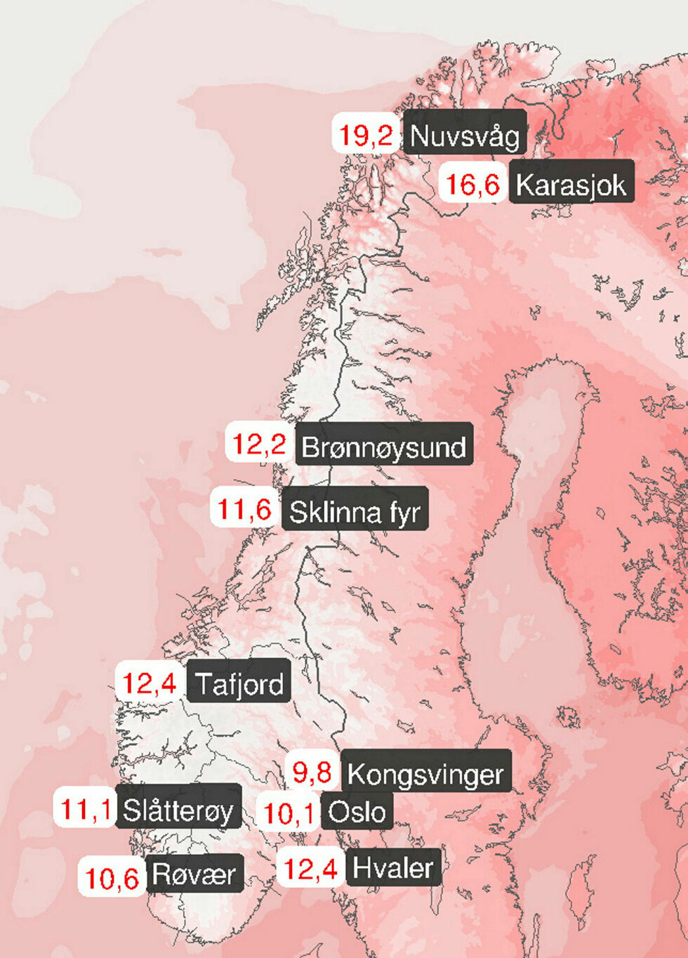 Værkart fra kl. 7 fredag 7. juni.
 Foto: Yr.no