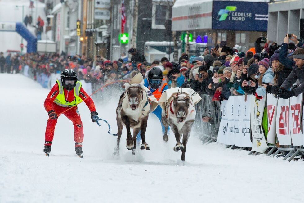 NM i reinkappkjøring midt i Storgata i Tromsø er populært og samler hvert år mange publikummere.
 Foto: Midnight Sun Marathon/Samenes Idrettsforbund