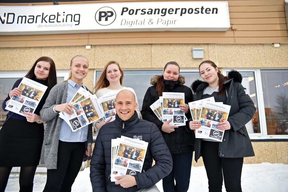 Porsangerposten er det nyeste tilskuddet på medietreet i Porsanger. Redaksjonen består av fra venstre: Karoline Mikalsen Johanne Borch, Tora Hoven, Magnus Helland, Ine Liland og Kristin A. Opgård. (Julie Jenssen og Stian Bjerke var ikke tilstede da bildet ble tatt.)
 Foto: Bjørn Arne Johansen