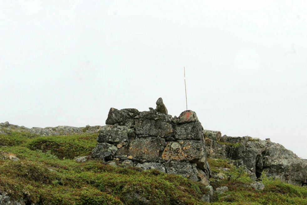 Kartleseren i Mosedalen. En kreativ sjel har satt opp denne skulpturen. Vandringsstaven er en bambusstav som brukes til skuterløype merking.
 Foto: Randi Irene Loso