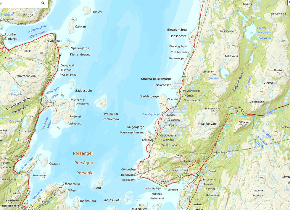InfraNord Fiber er i gang med å legge bredbånd i Østre Porsanger.
 Foto: Skjermdump Norgeskart