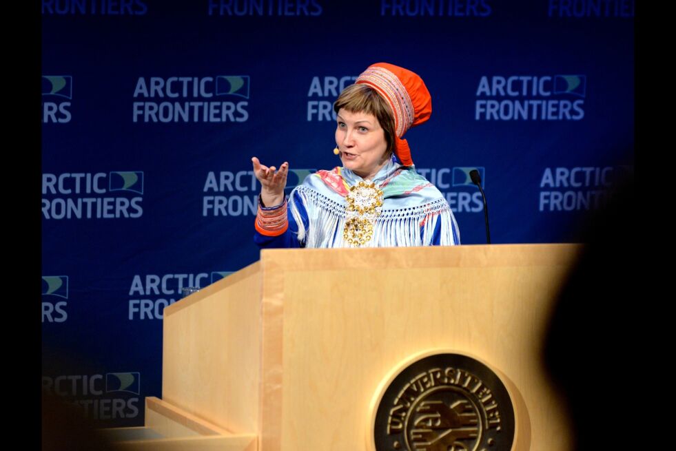 Aili Keskitalo som sametingspresident talte til Arctic Frontiers-konferansen i 2015.
 Foto: Arctic Frontiers