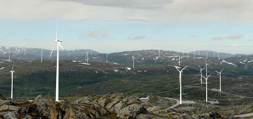 Industriområdet på Øyfjellet ved Mosjøen i Vefsn kommune er på cirka 55 km² med 72 turbiner. Dette er en illustrasjon fra konsesjonssøknaden.
 Foto: Alcoa