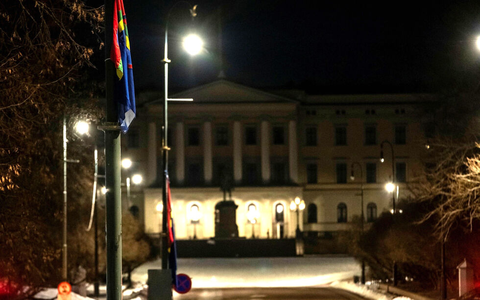 Aktivistene som demonstrerer i Oslo heiste, natt til fredag, opp samiske flagg langs Karl Johan. Fredag flytter de seg foran slottet og kongen i statsråd, som en siste markering.
 Foto: Thor Due