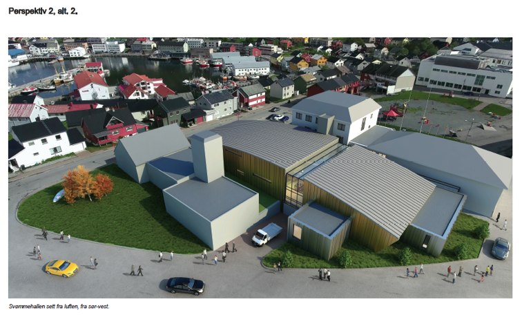 Slik er den nye svømmehallen tenkt plassert bak rådhuset i Honningsvåg. Ifølge forprosjektet vil den nye hallen koste mellom 60 og 90 millioner kroner.
 Foto: Illustrasjon: SE Arkitekter AS