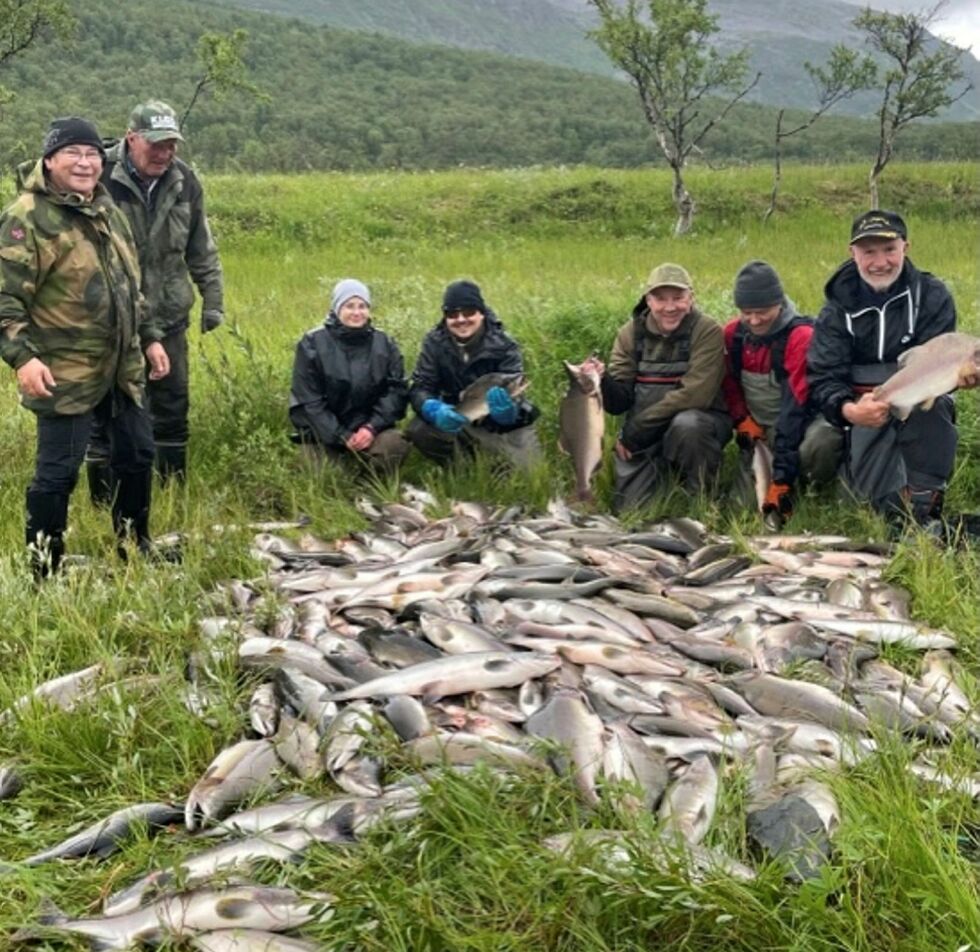 Etter to notkast nedenfor fella i Lille Porsangerelva tok foreningen ut ca 600 pukkellaks. Kjell Eriksen helt til høyre i bildet.
 Foto: Veidnes fiskeforening