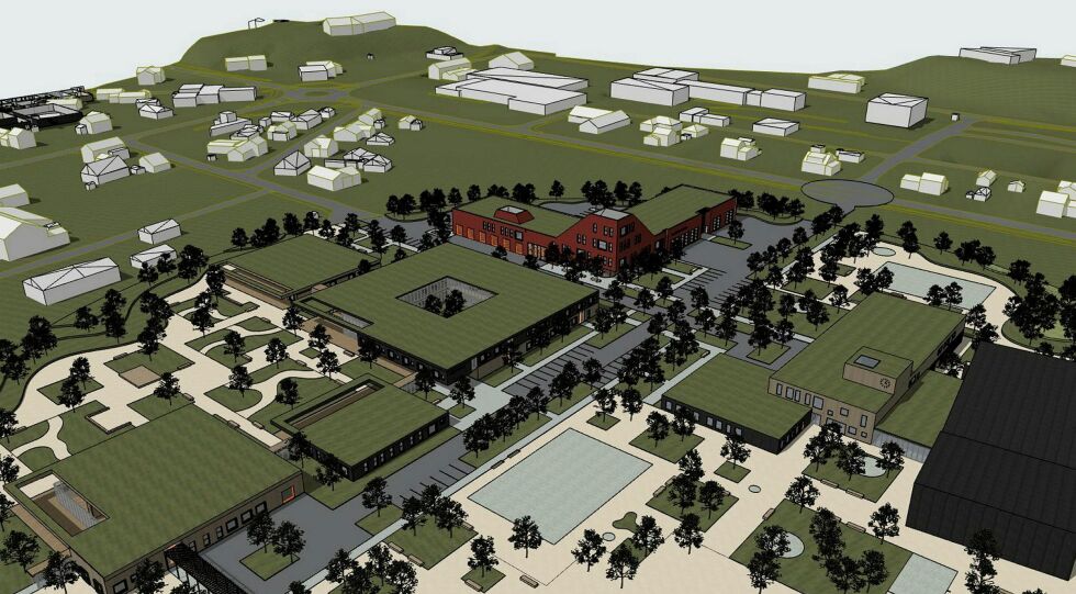 Skisser av hvordan arkitekten ser for seg utformingen av det nye kommunesenteret på dagens skoleområde. Den svarte bygningen er dagens svømmehall. 
ILLUSTRASJONER: Arkitekt Arnt Eirik Landa, Stein Halvorsen arkitekter AS