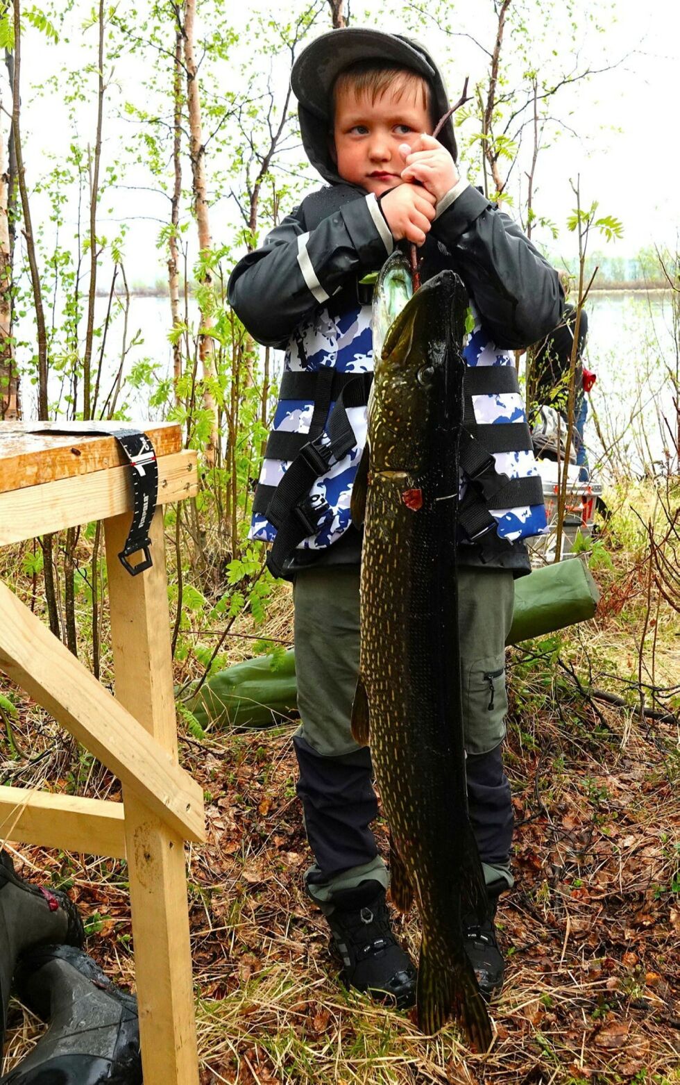 Liten fisker og stor gjeddefangst. 6-åringen Amund Kildemo dro opp festivalens største
gjedde på 5,8 kilo.
 Foto: Yngve Beddari
